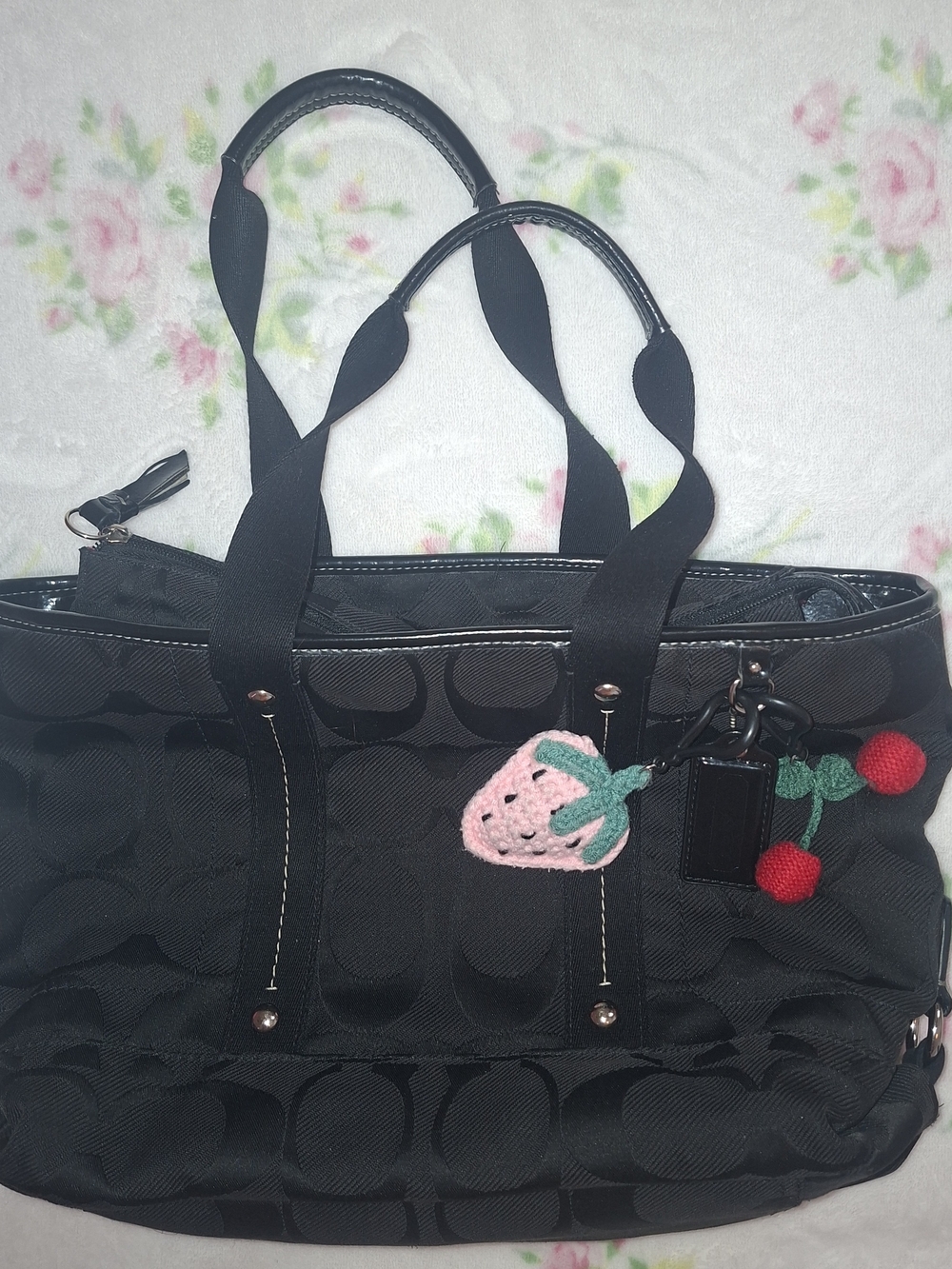 Classic Black Tote Bag with Cherry Charm